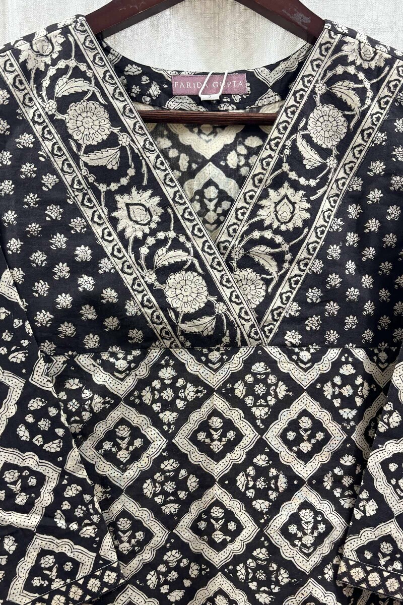 Black Hand Block-Printed Top for Women