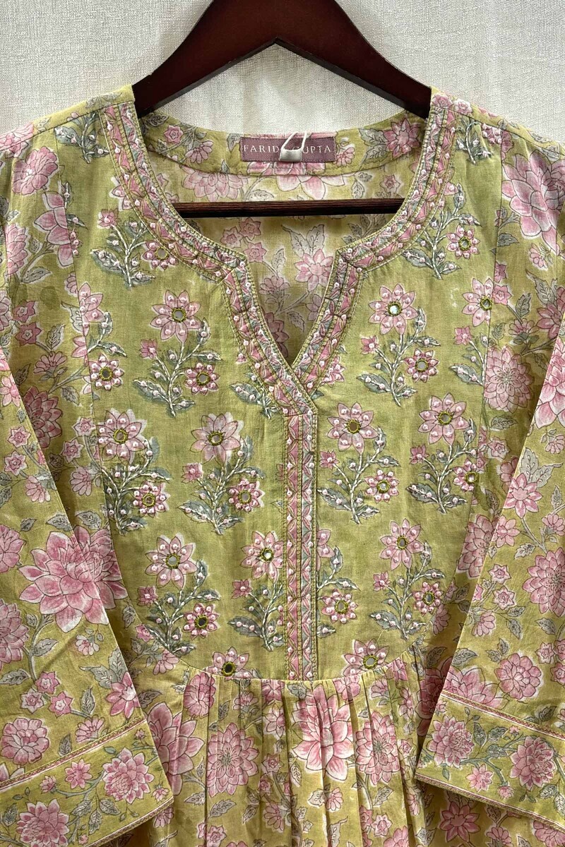 Green Hand Block-Printed Straight Cotton Kurta