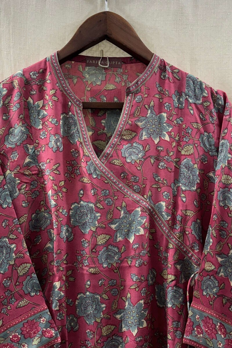 Pink Hand Printed Angrakha Viscose Kurta