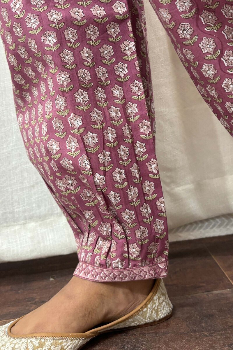 Purple Hand Block-Printed Cotton Izhaar Pants