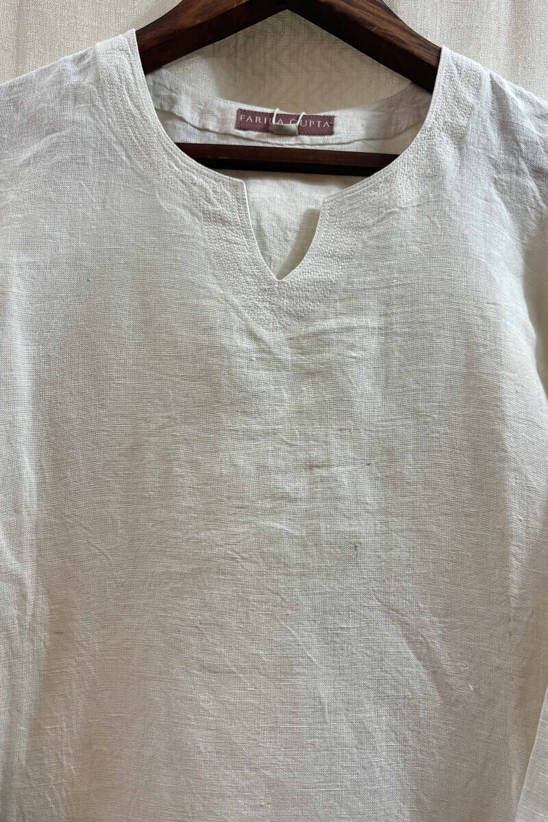 White Handcrafted Straight Pure Linen Kurta