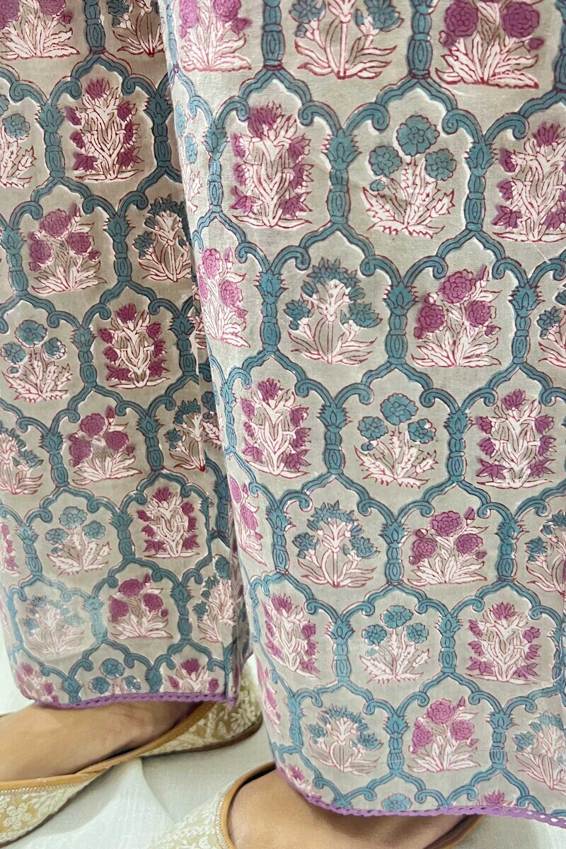 Grey Hand Block-Printed Cotton Straight Farsi