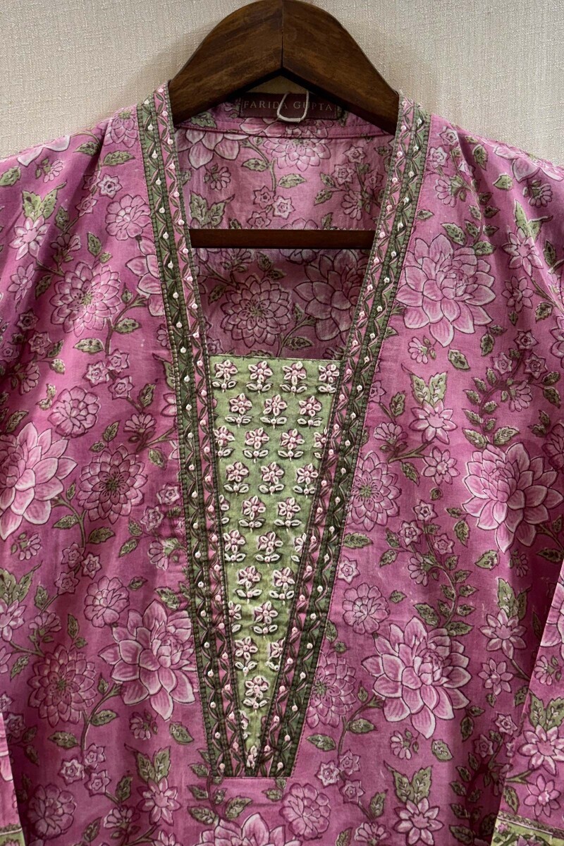 Pink Hand Block-Printed Straight Cotton Kurta