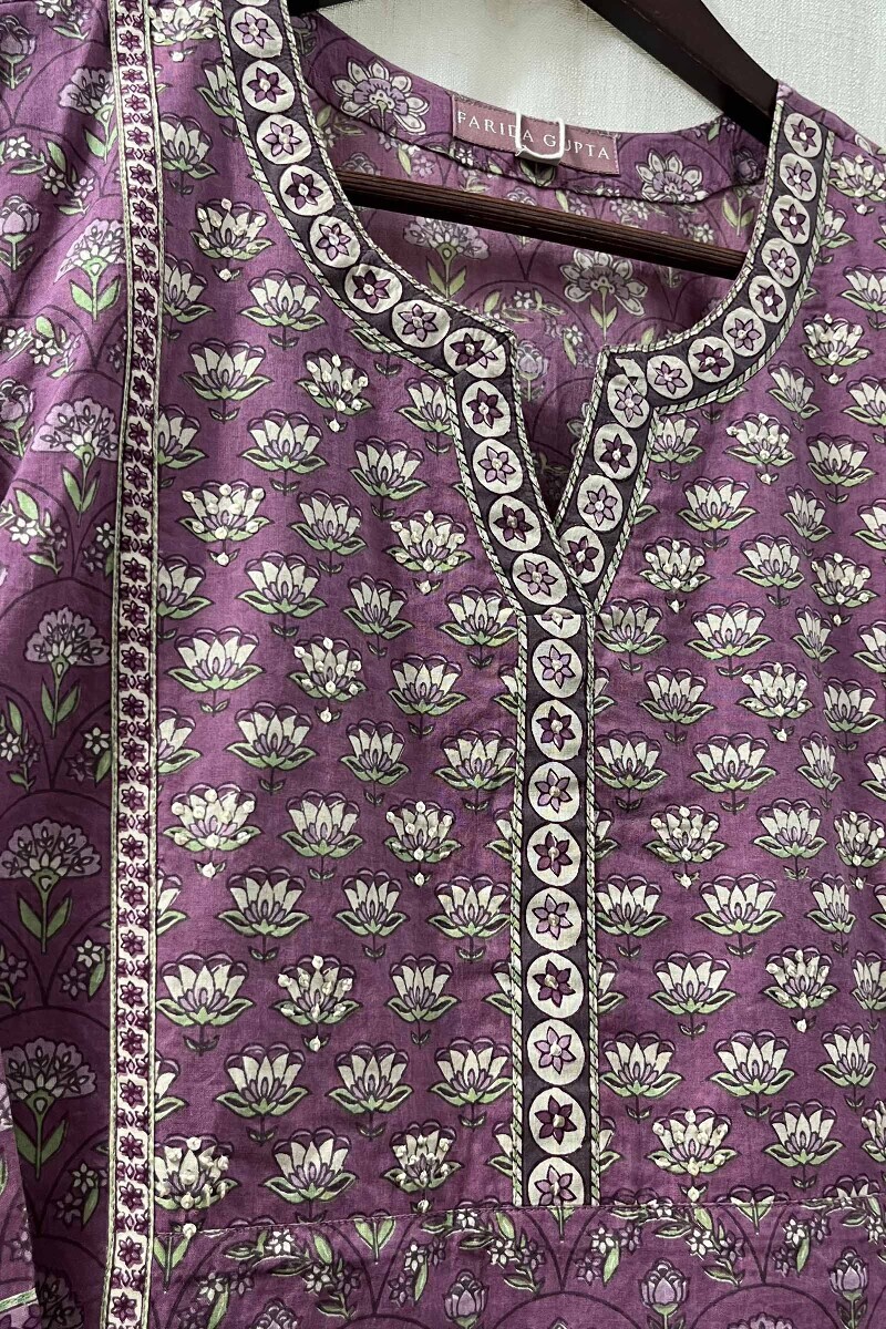 Purple Hand Printed Straight Cotton Kurta