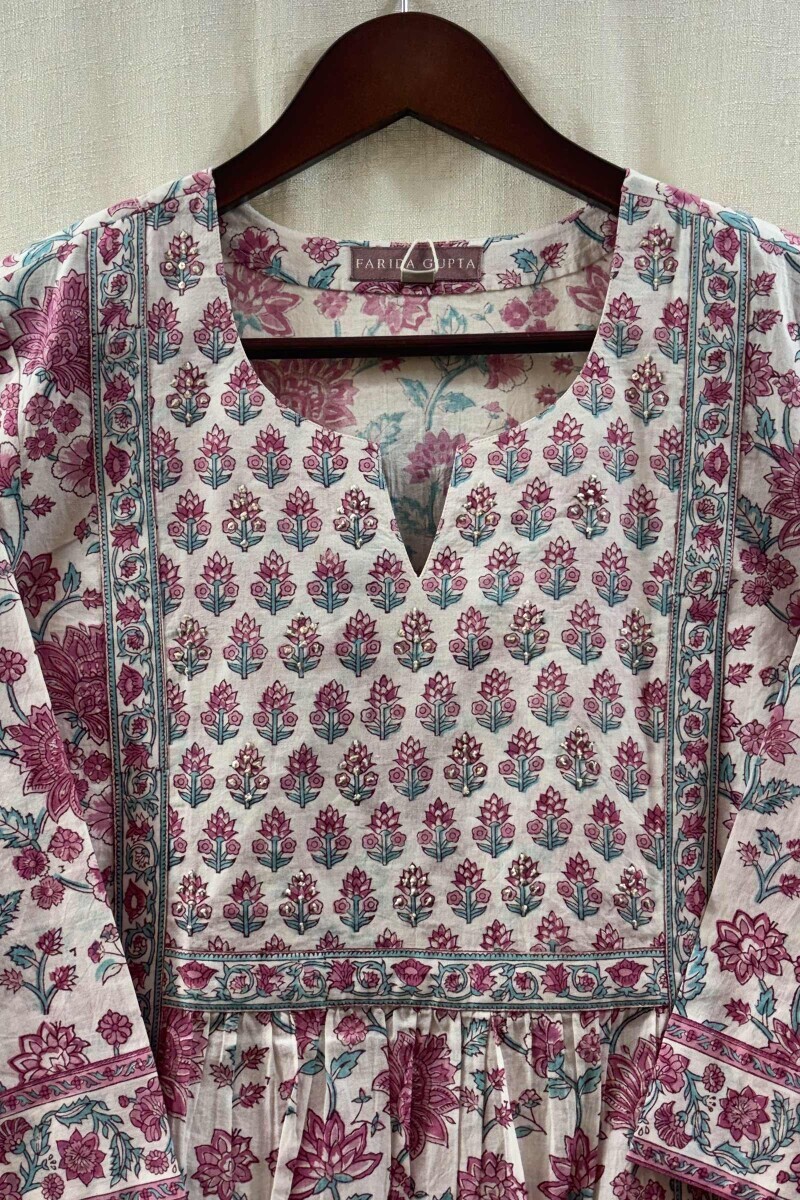 White Hand Block-Printed A-Line Cotton Kurta