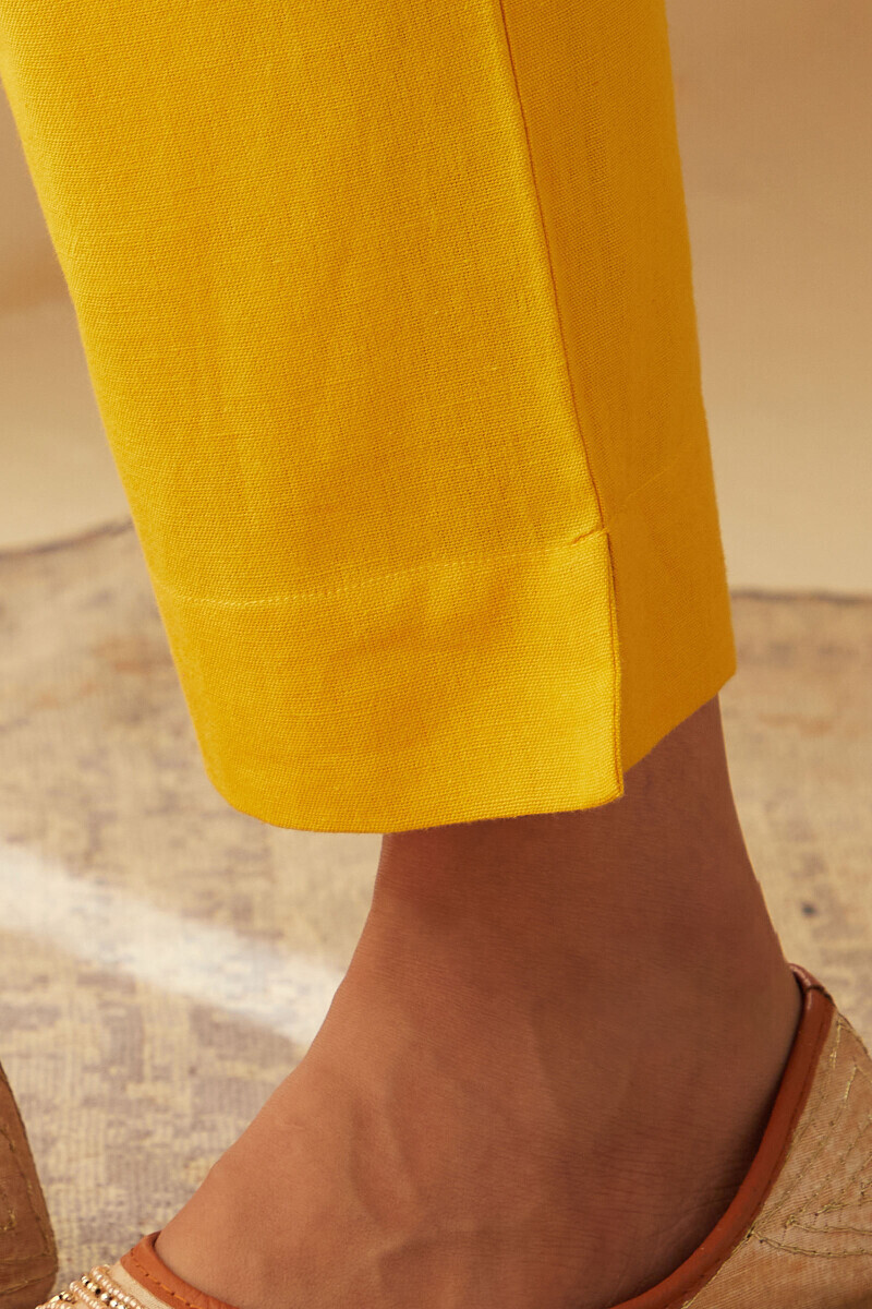 Yellow Handcrafted Cotton Flax Narrow Pants