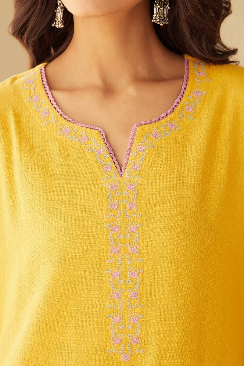 Yellow Handcrafted Straight Cotton Flax Kurta