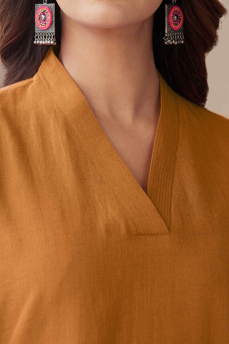 Rust Handcrafted Straight Cotton Flax Kurta