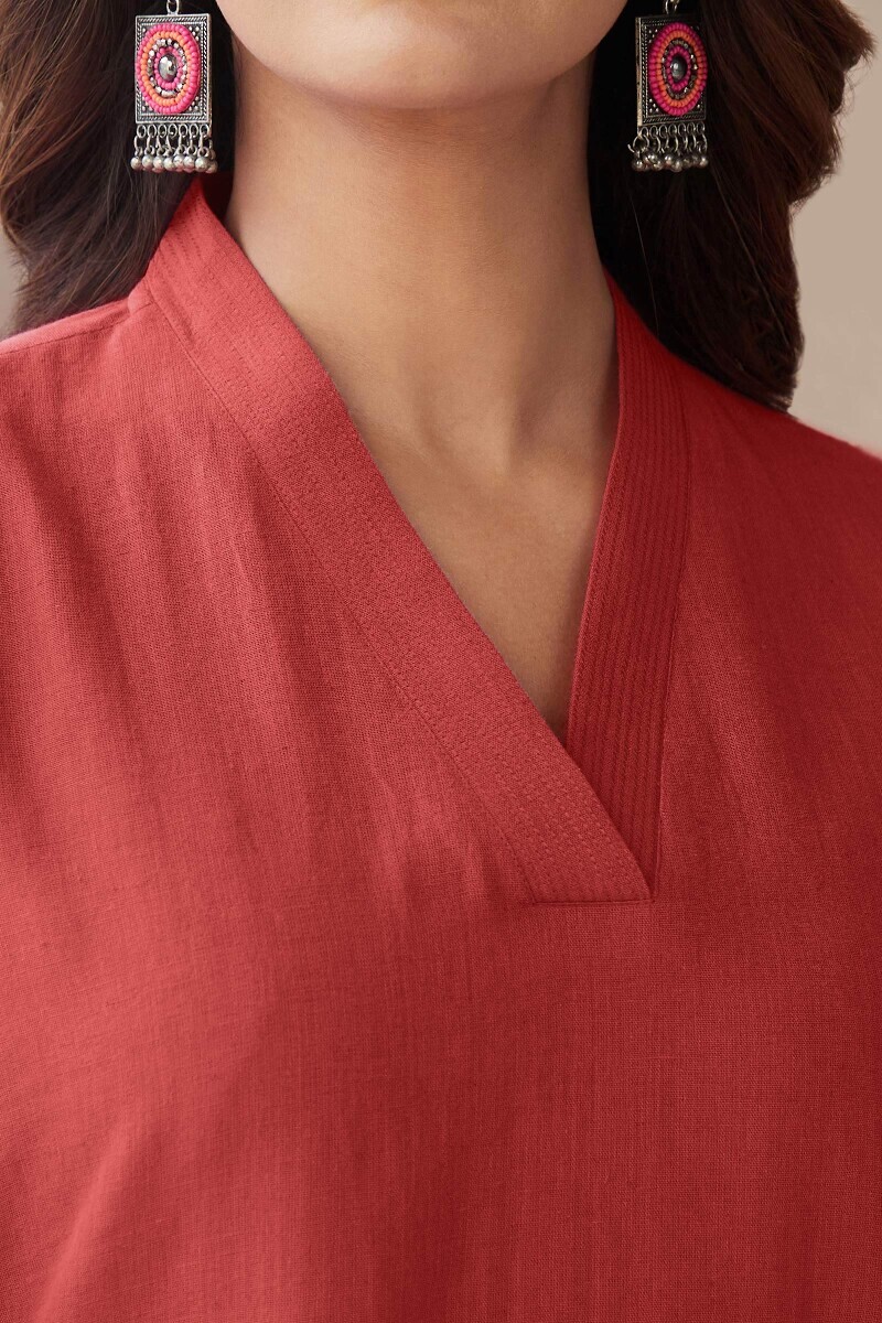 Brick Red Handcrafted Straight Cotton Flax Kurta