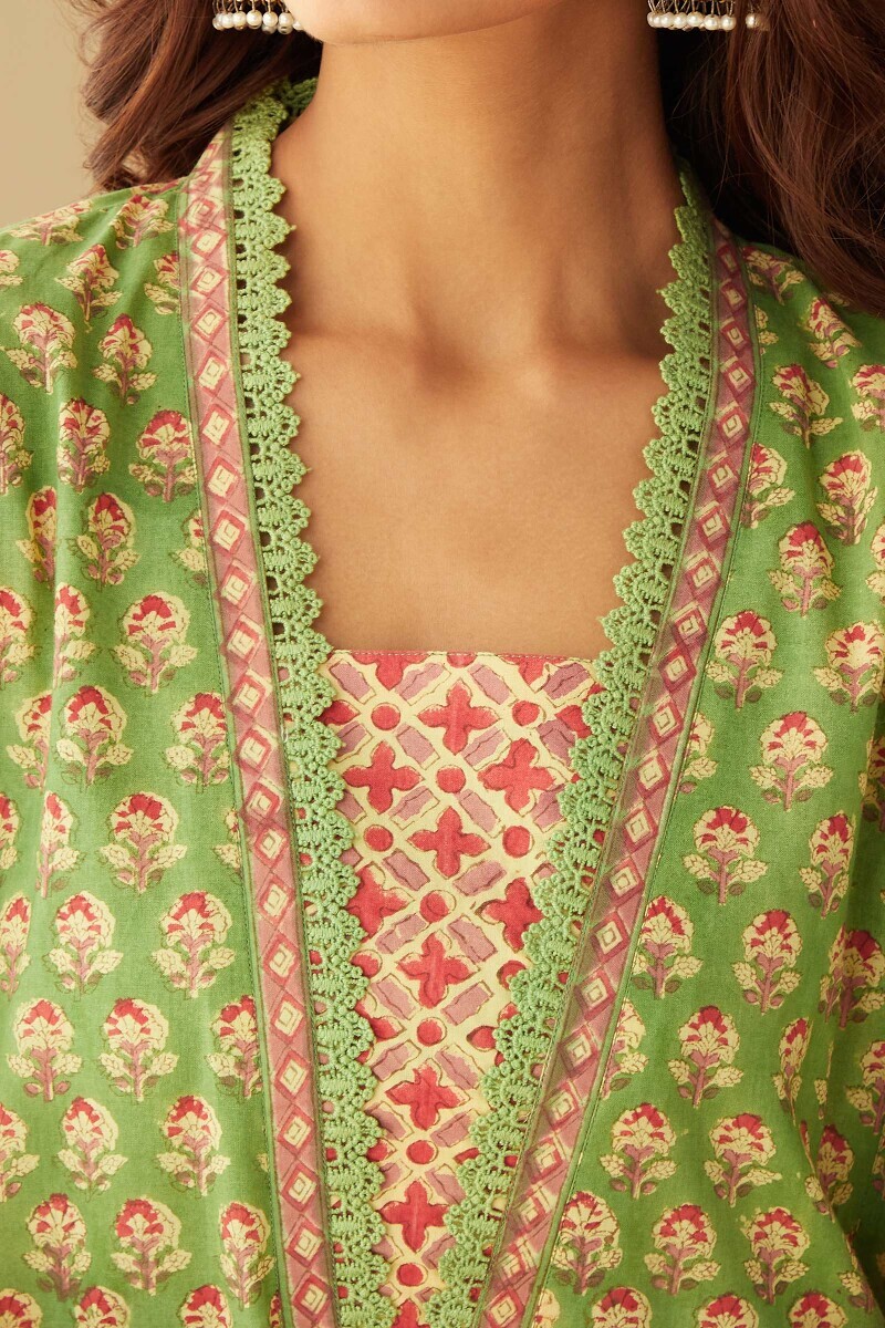 Green Hand Block-Printed Straight Cotton Kurta