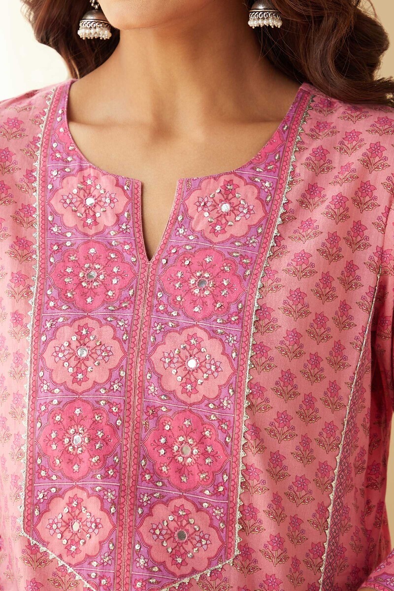 Pink Hand Printed Straight Cotton Kurta