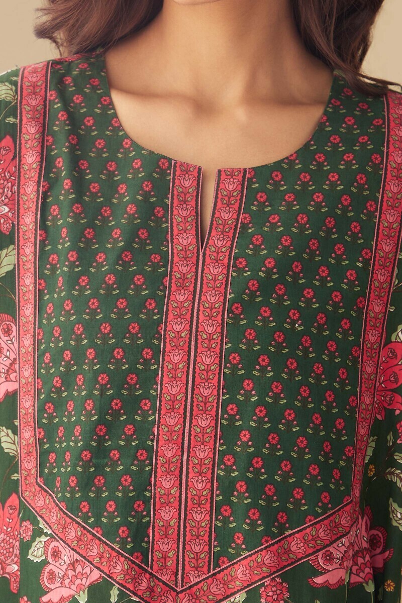 Green Hand Printed Cotton Kaftan