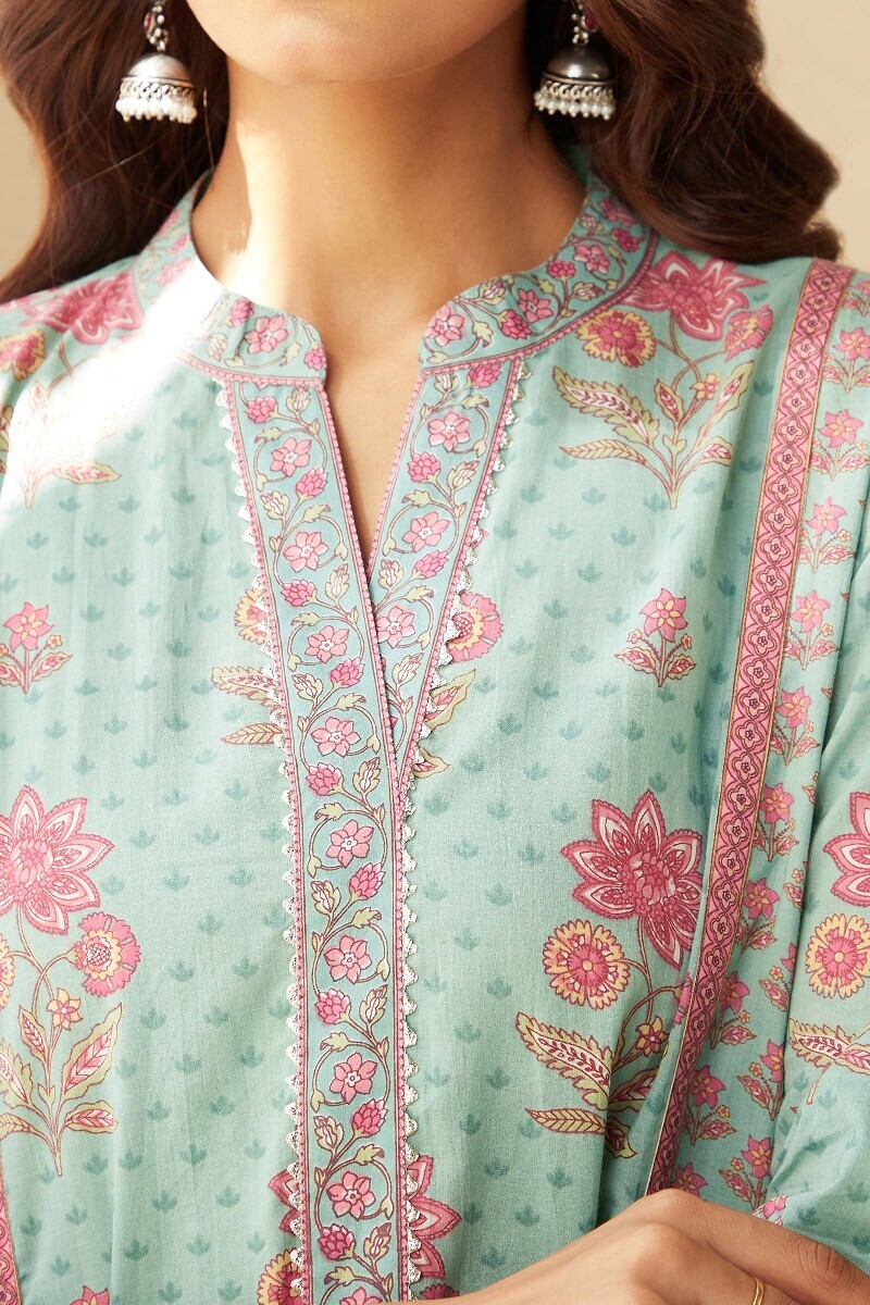 Green Hand Printed A-Line Cotton Kurta