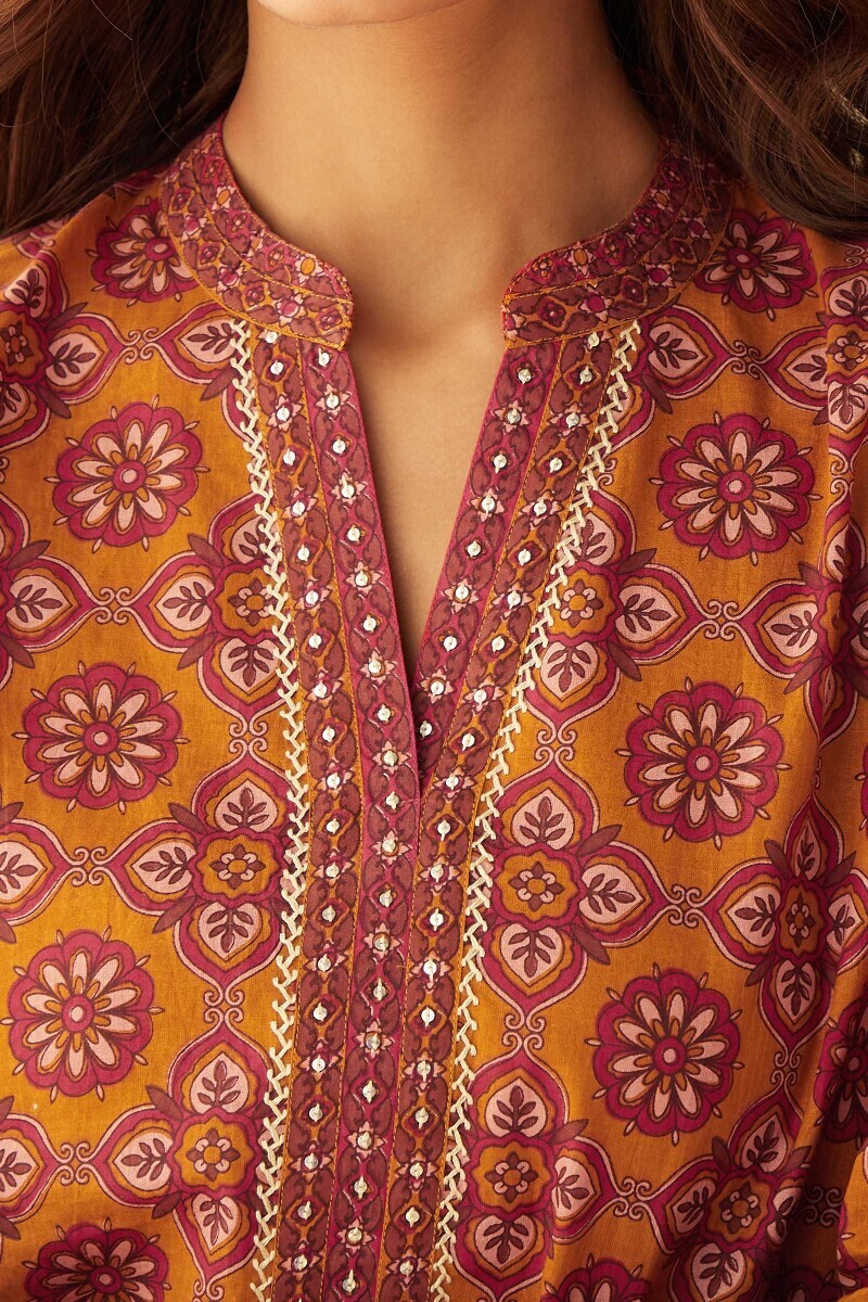 Mustard Hand Printed Straight Cotton Kurta