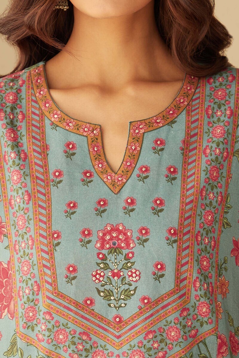 Blue Printed Straight Cotton Kurta