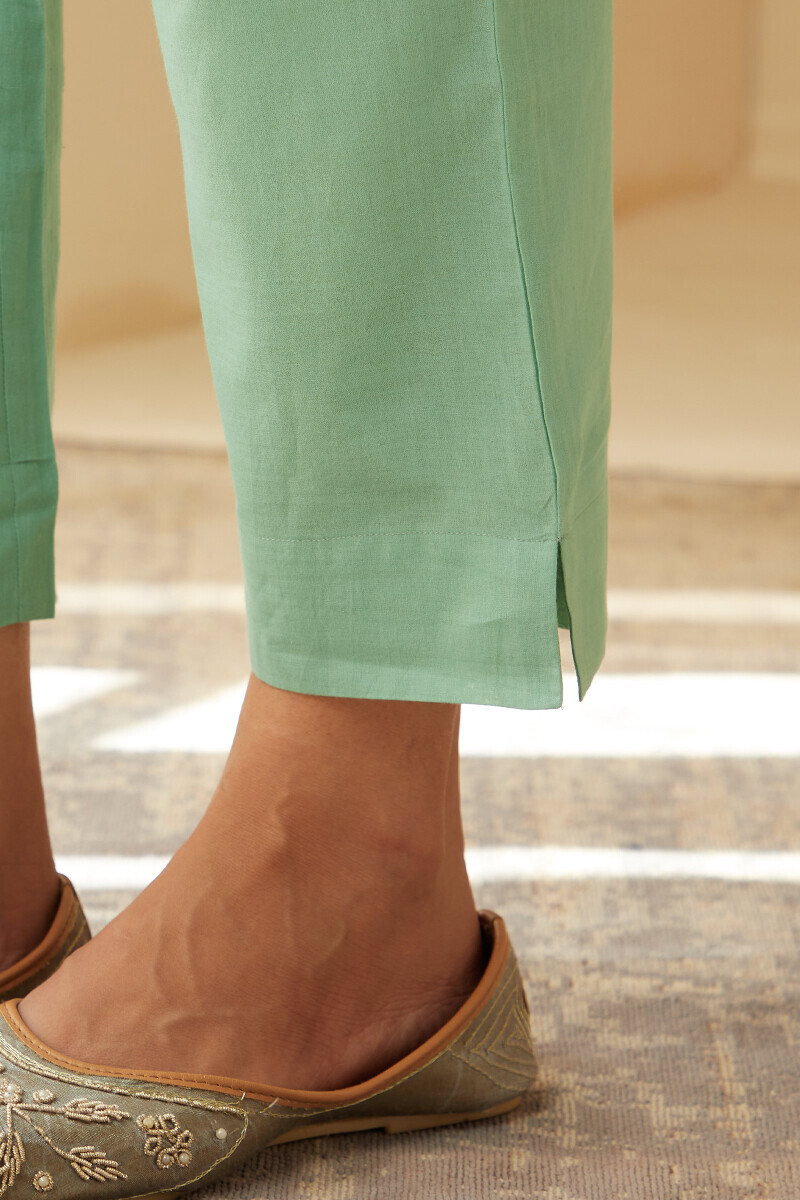 Green Handcrafted Cotton Narrow Pants