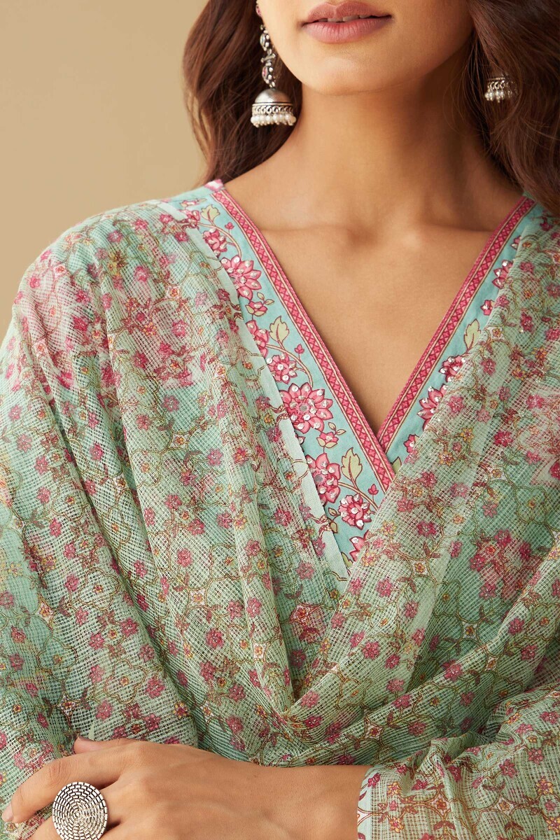 Green Hand Printed Kota Dupatta