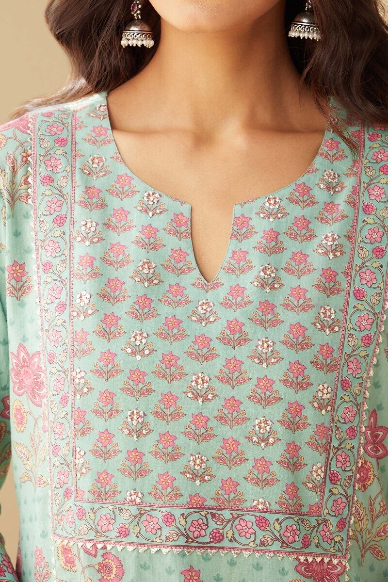 Green Hand Printed Straight Cotton Kurta