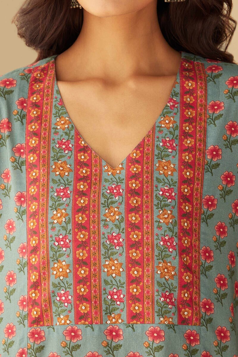 Blue Printed Straight Cotton Kurta