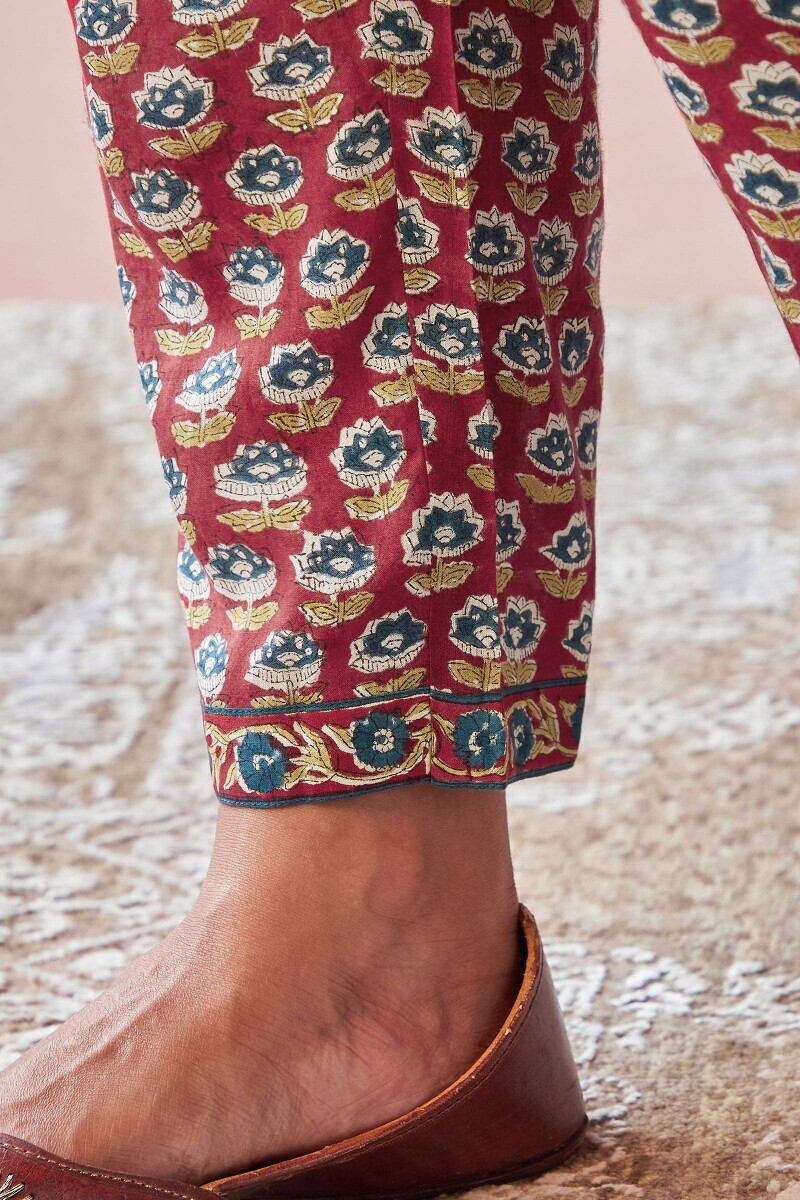 Red Hand Block-Printed Viscose Narrow Pants