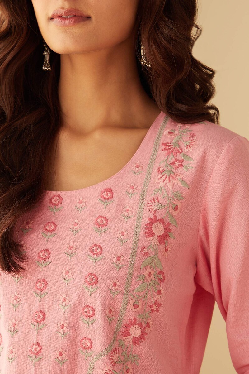 Pink Handcrafted Straight Cotton Flax Kurta