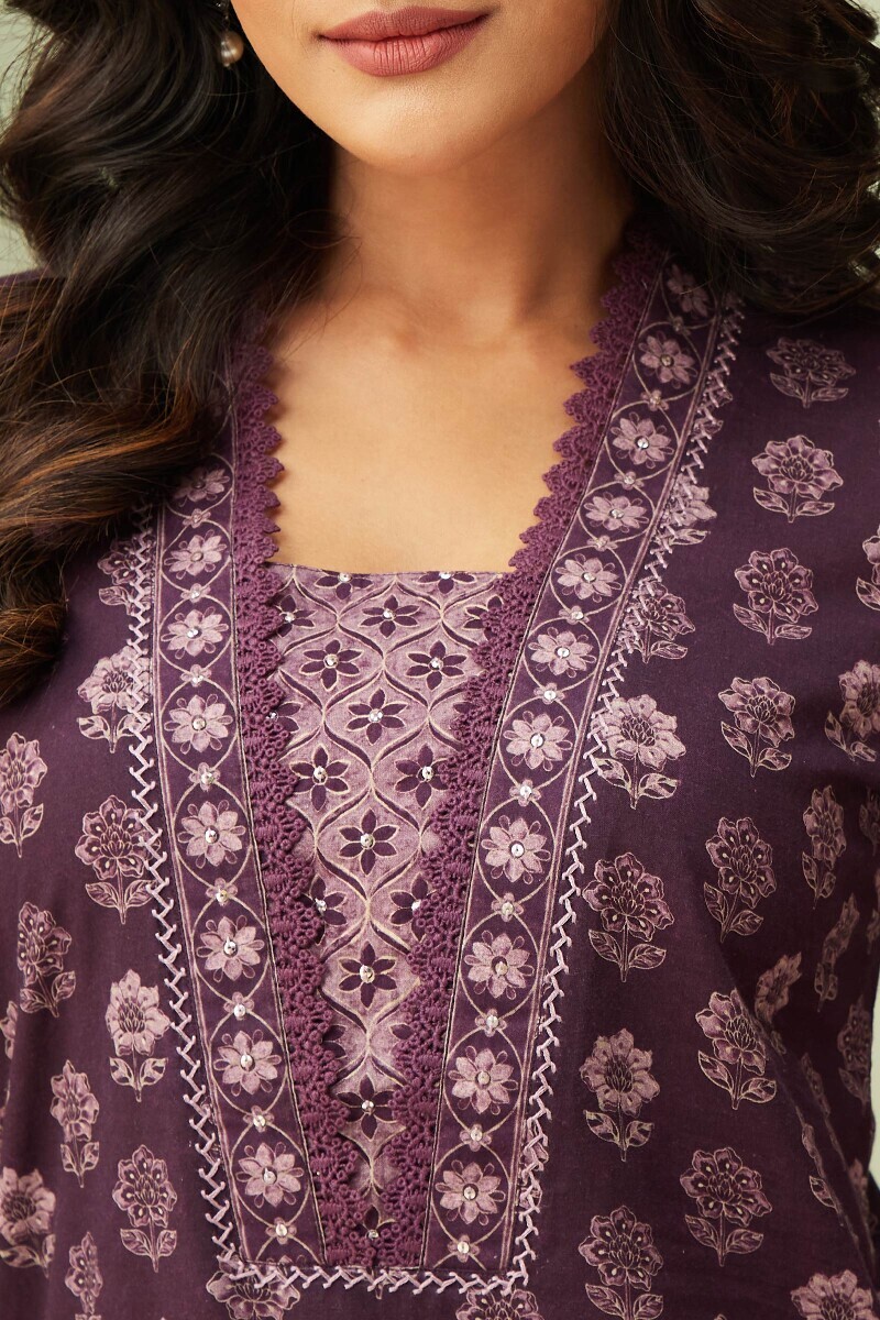 Purple Printed Straight Cotton Kurta