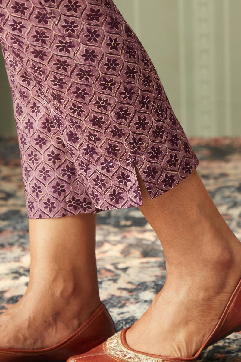 Purple Printed Cotton Narrow Pants
