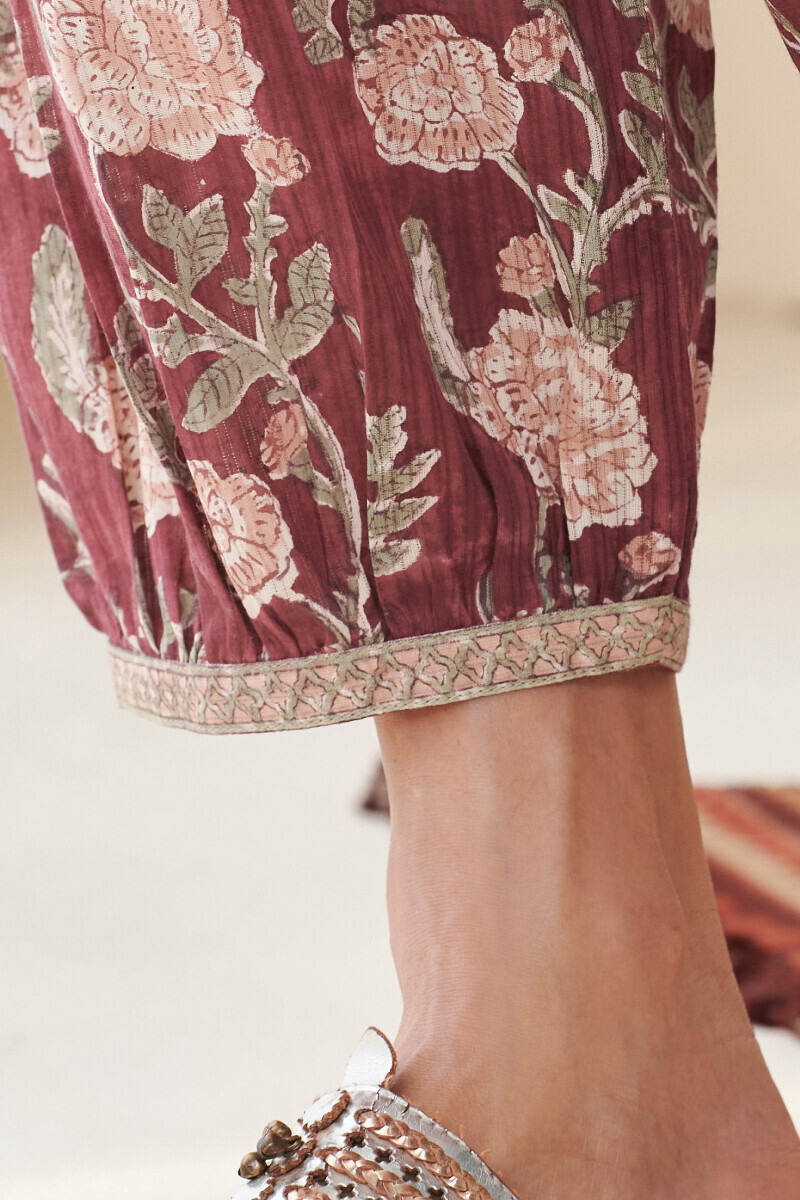 Maroon Hand Block-Printed Cotton Dobby Izhaar Pants