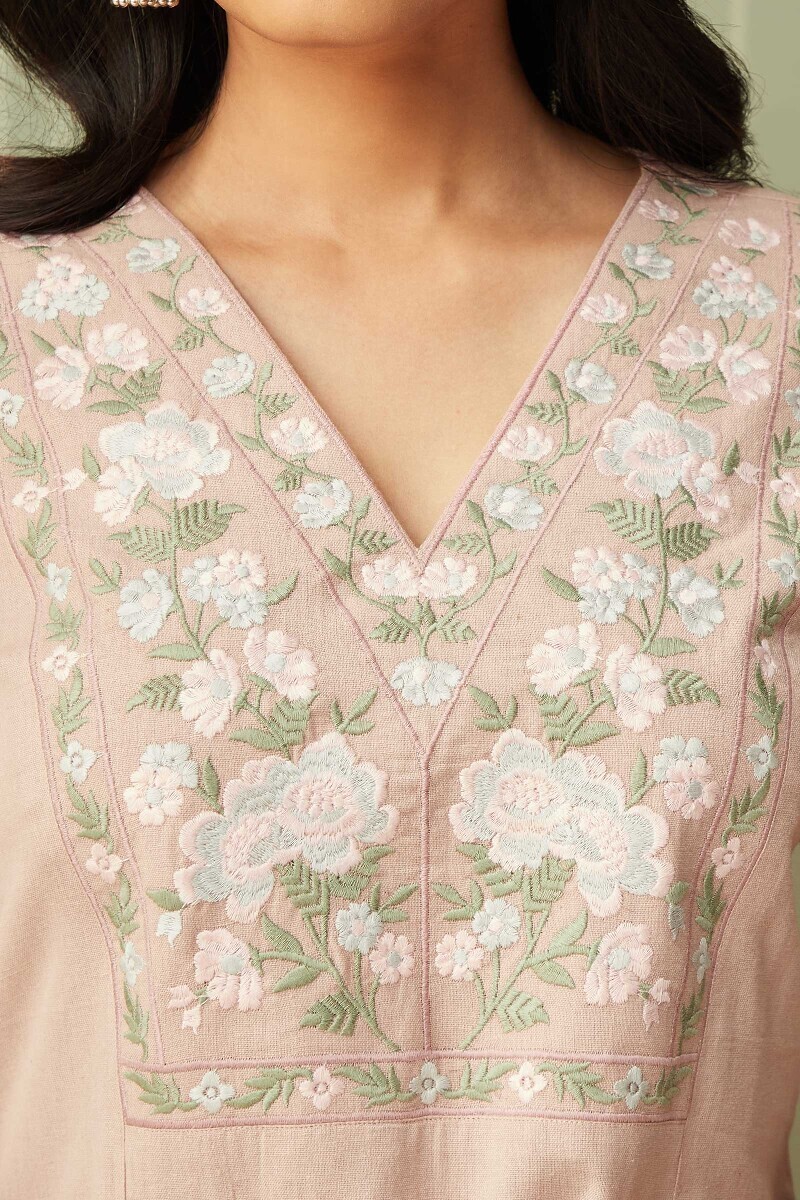 Pink Handcrafted Straight Cotton Flax Kurta