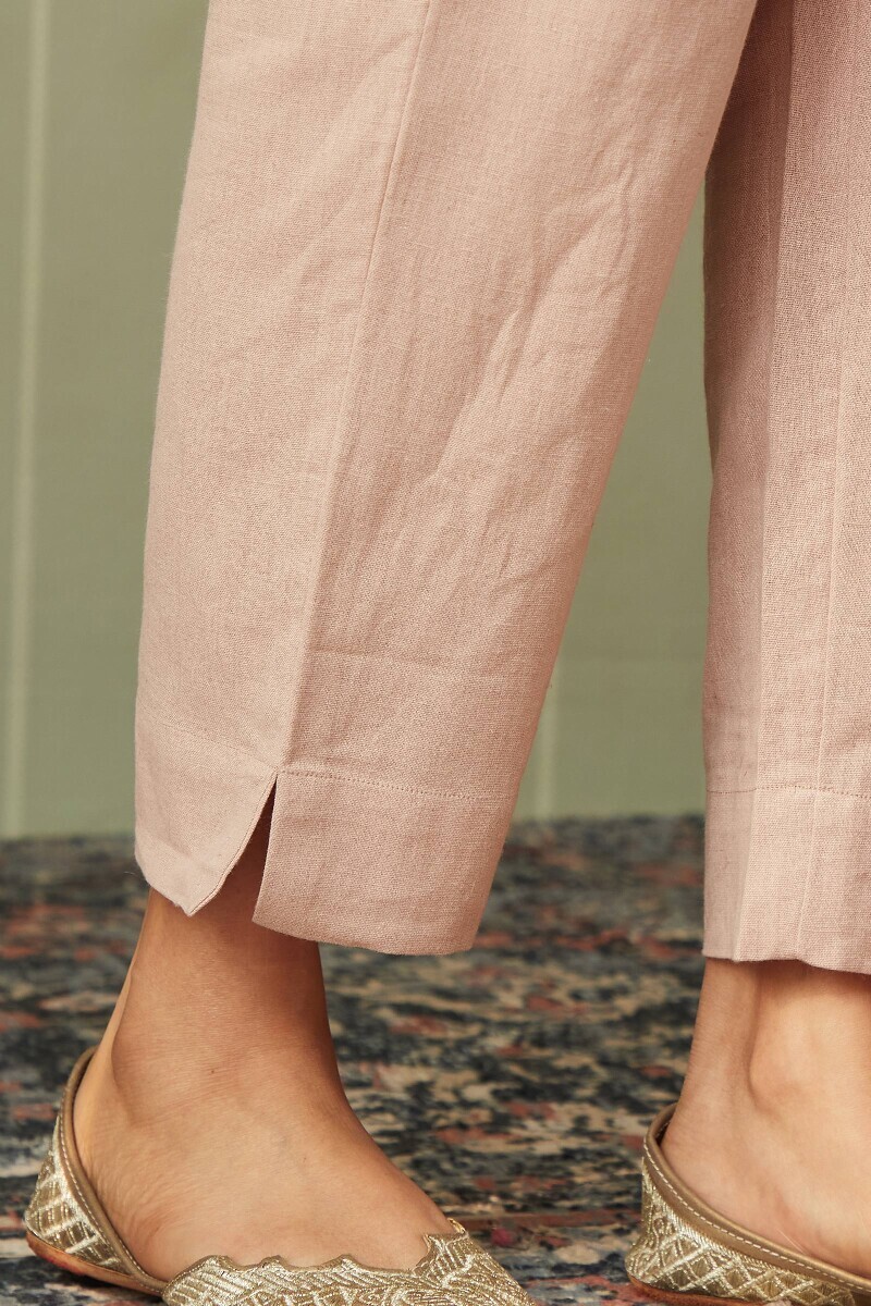 Pink Handcrafted Cotton Flax Narrow Pants