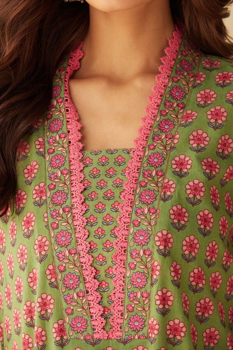 Green Hand Printed Straight Cotton Kurta