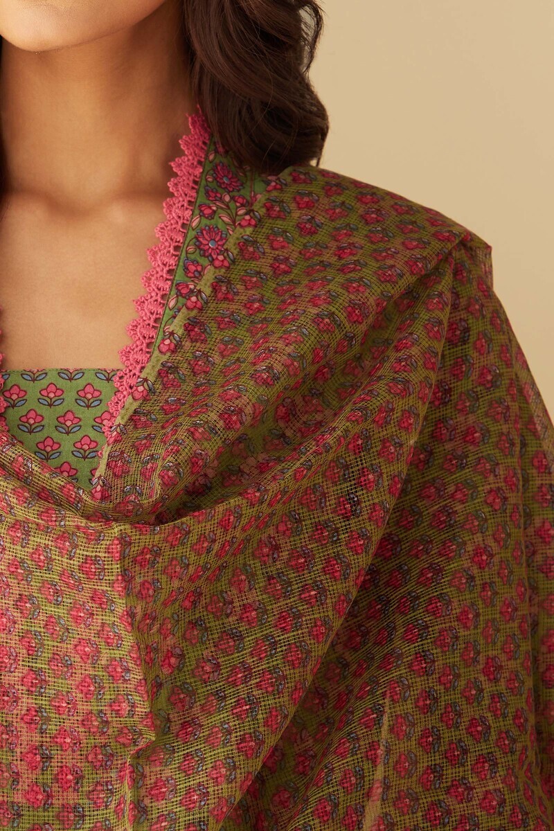 Green Hand Printed Kota Dupatta