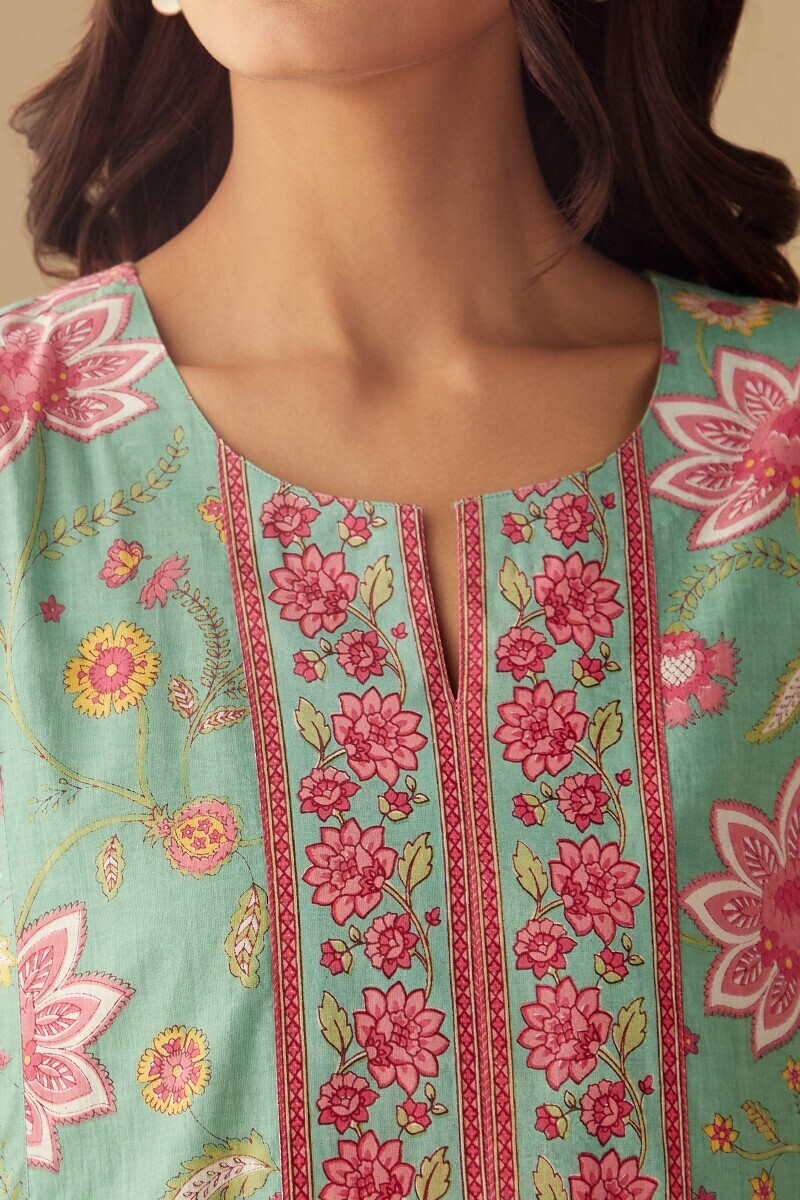 Green Hand Printed Cotton Kaftan