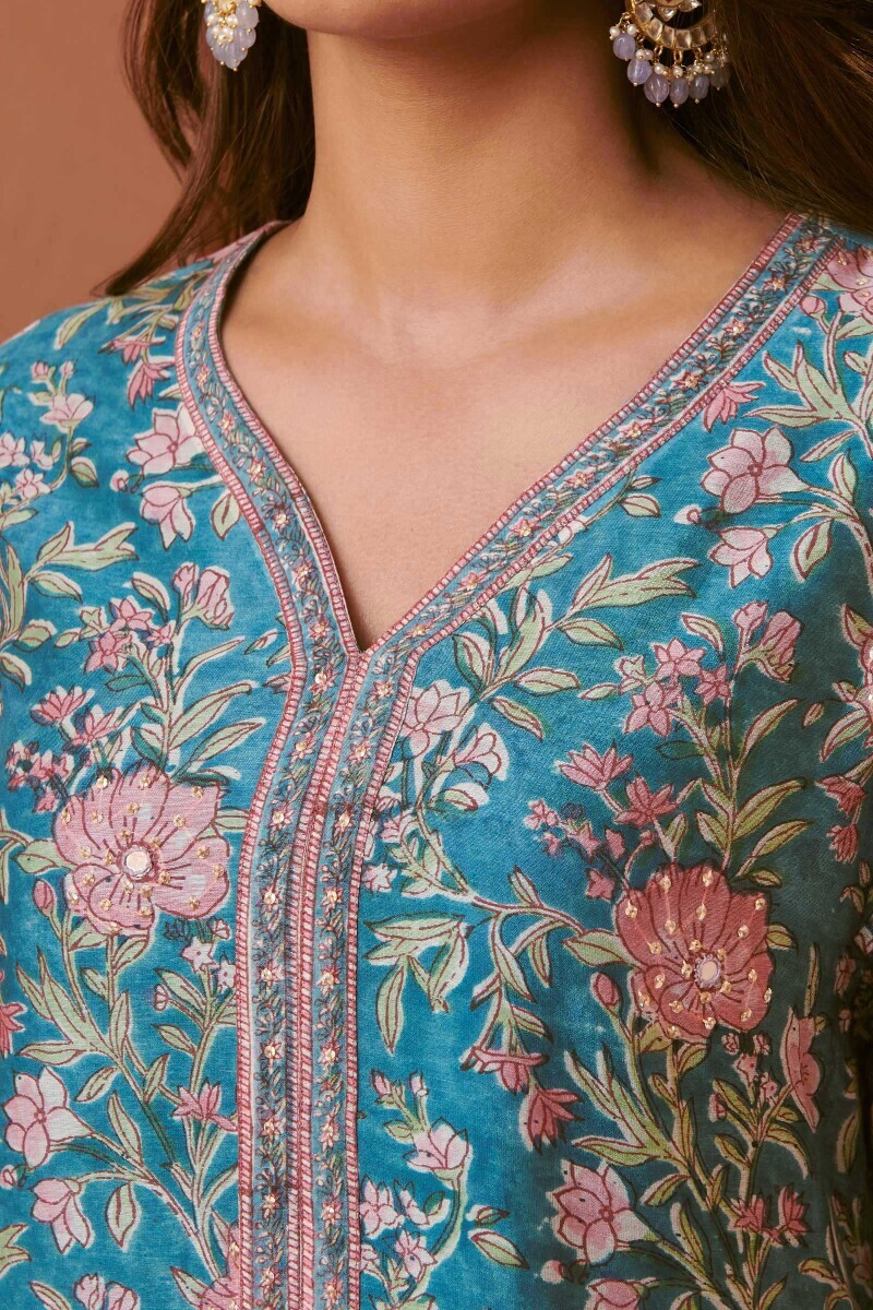 Blue Hand Block-Printed Straight Chanderi Kurta