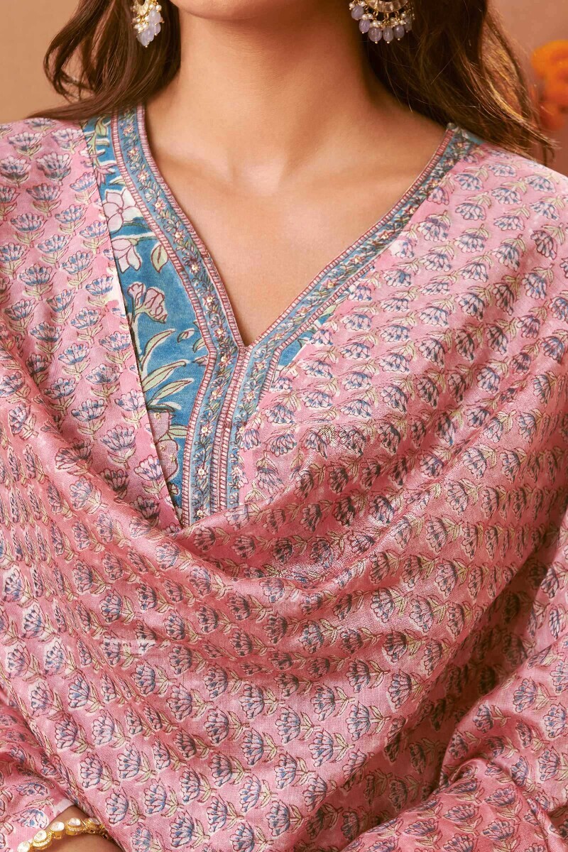 Pink Hand Block-Printed Chanderi Dupatta