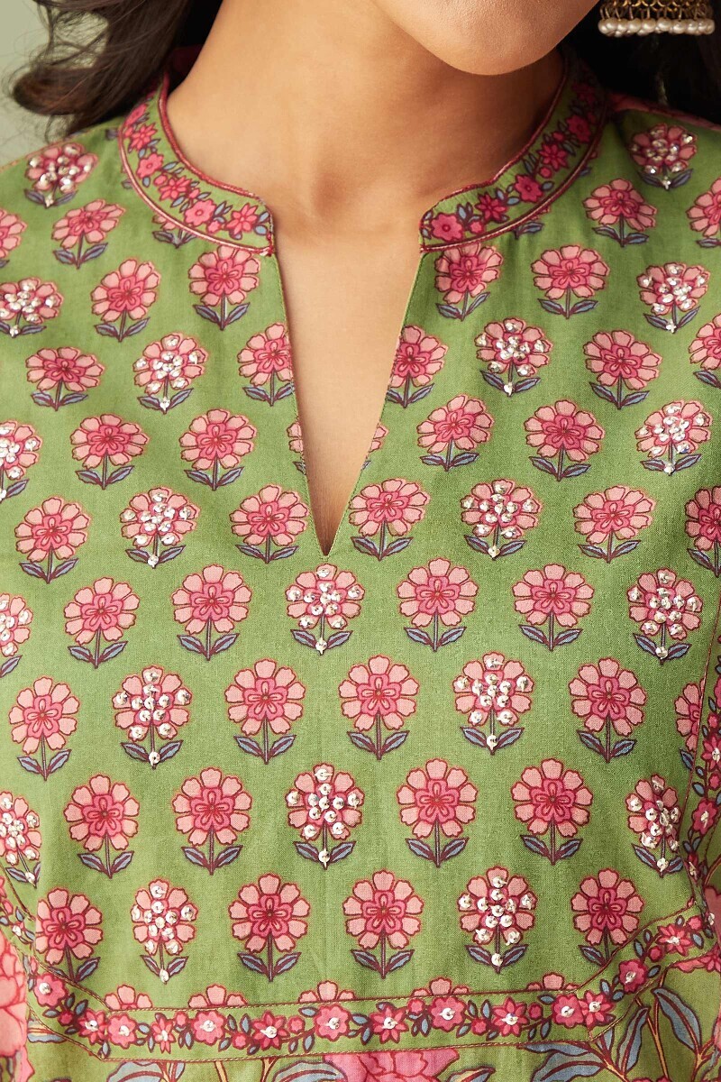 Green Hand Printed Straight Cotton Kurta