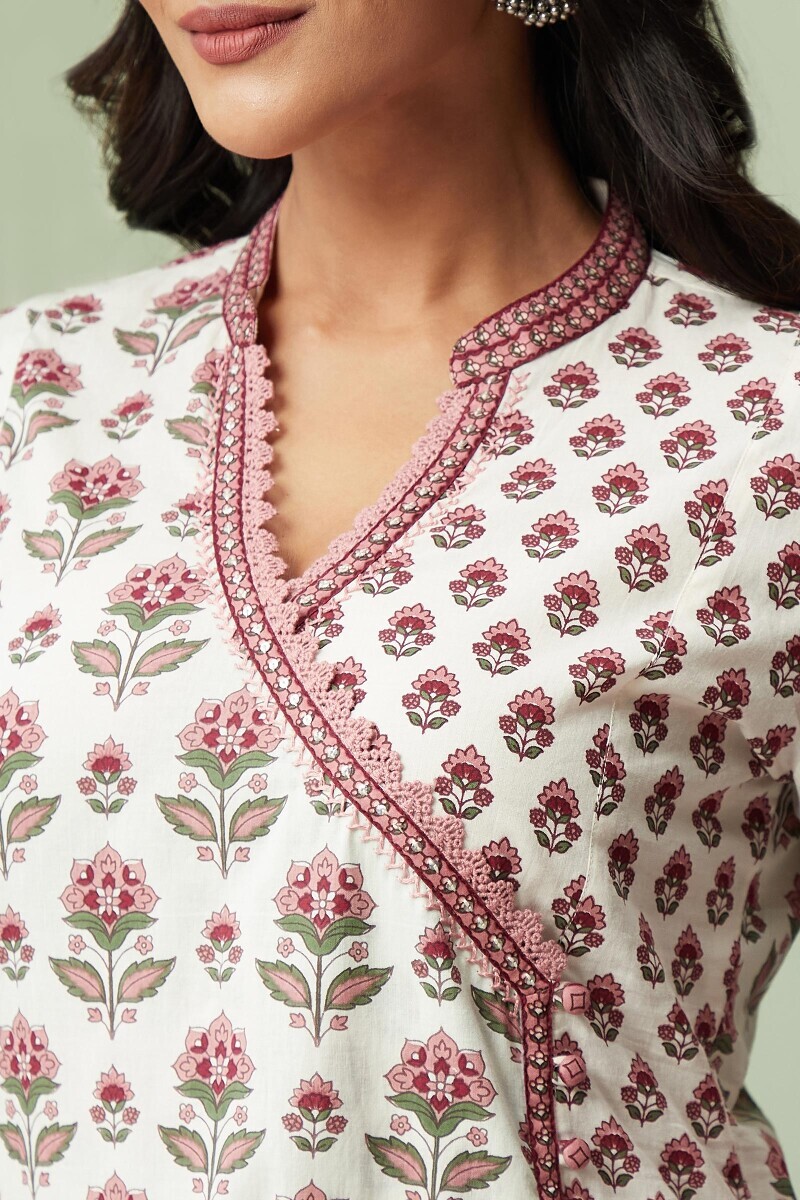Off-White Hand Printed Angrakha Cotton Kurta