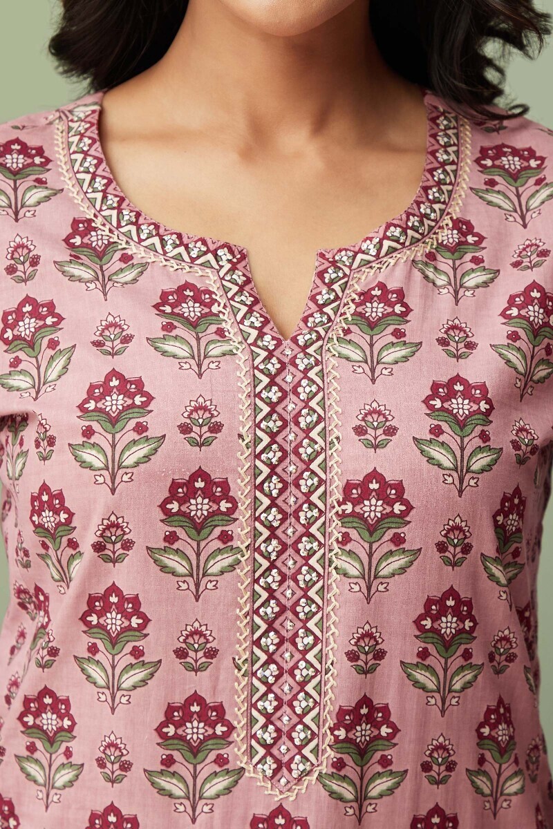 Pink Hand Printed Straight Cotton Kurta