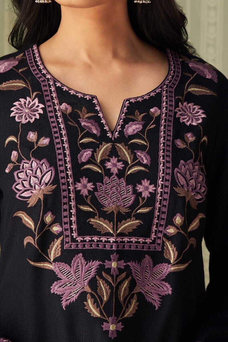 Black Handcrafted Straight Faux Wool Kurta
