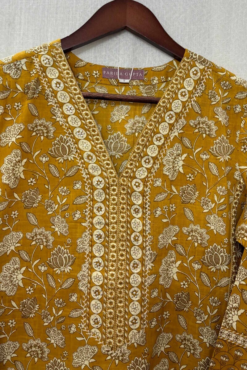 Mustard Hand Screen-Printed Straight Kurta