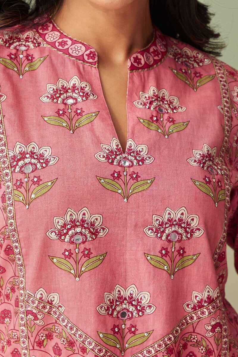 Pink Hand Printed Straight Cotton Kurta
