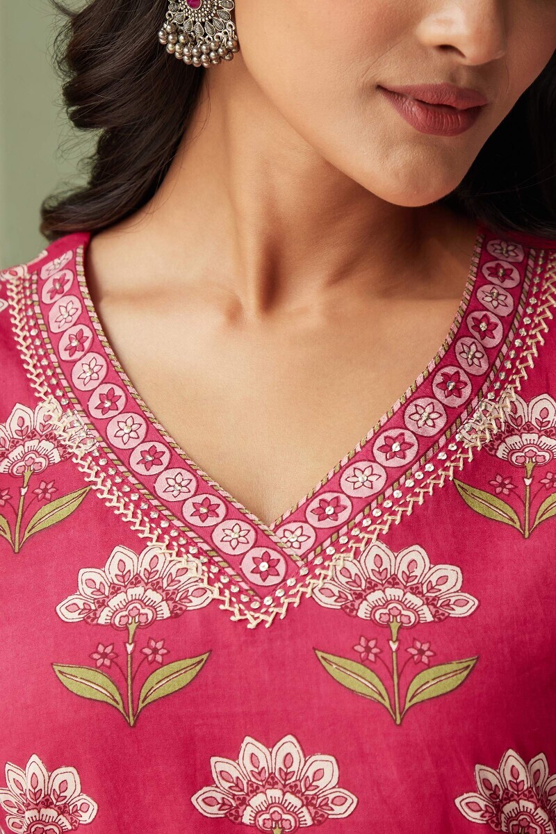 Pink Hand Printed Straight Cotton Kurta