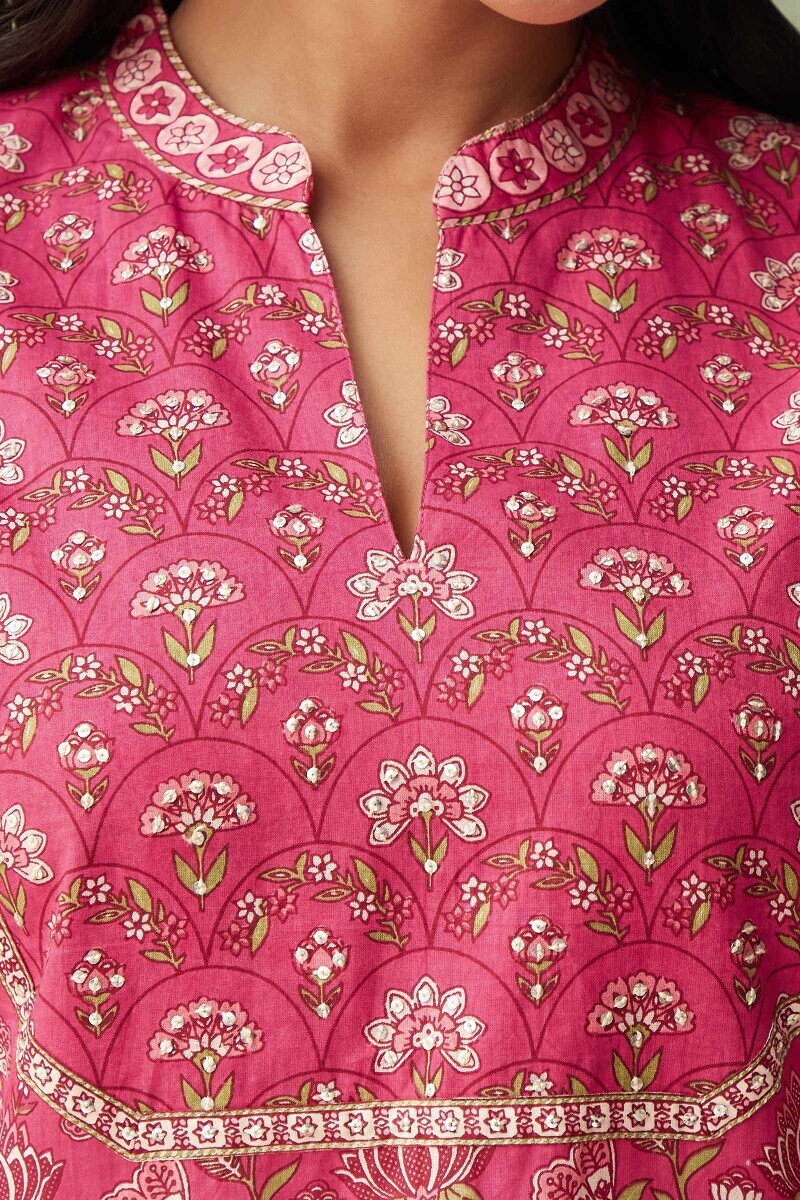 Pink Hand Printed Straight Cotton Kurta