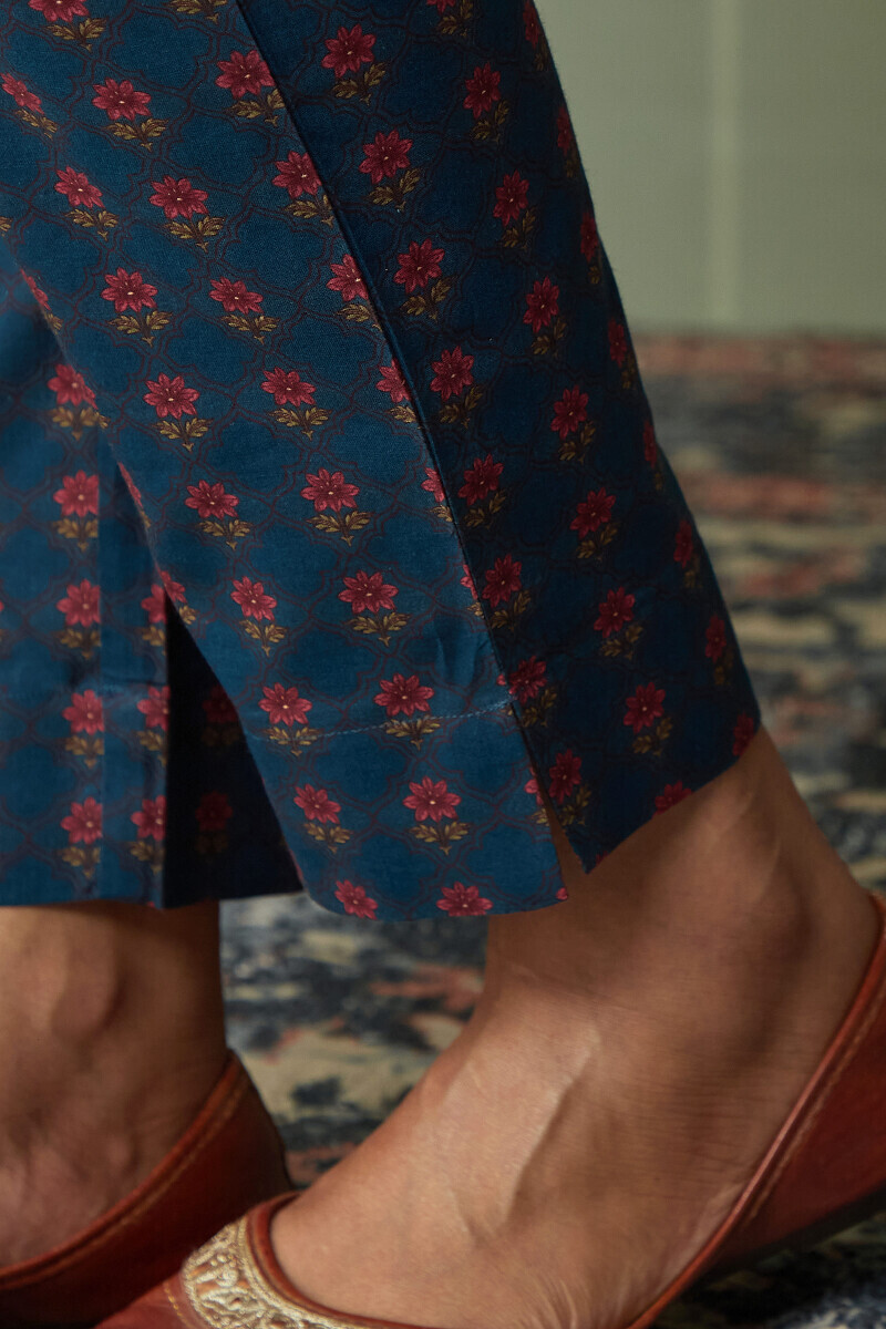 Blue Printed Cotton Narrow Pants