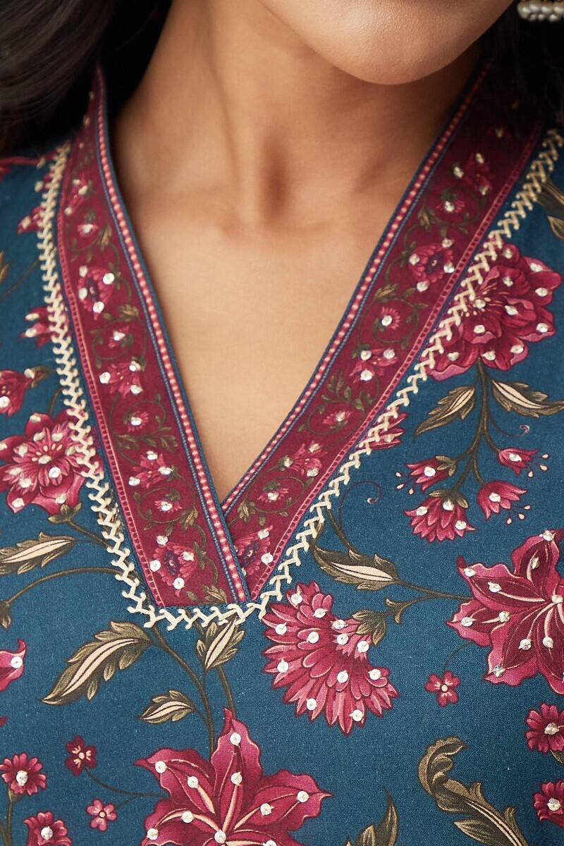 Blue Printed Straight Cotton Kurta