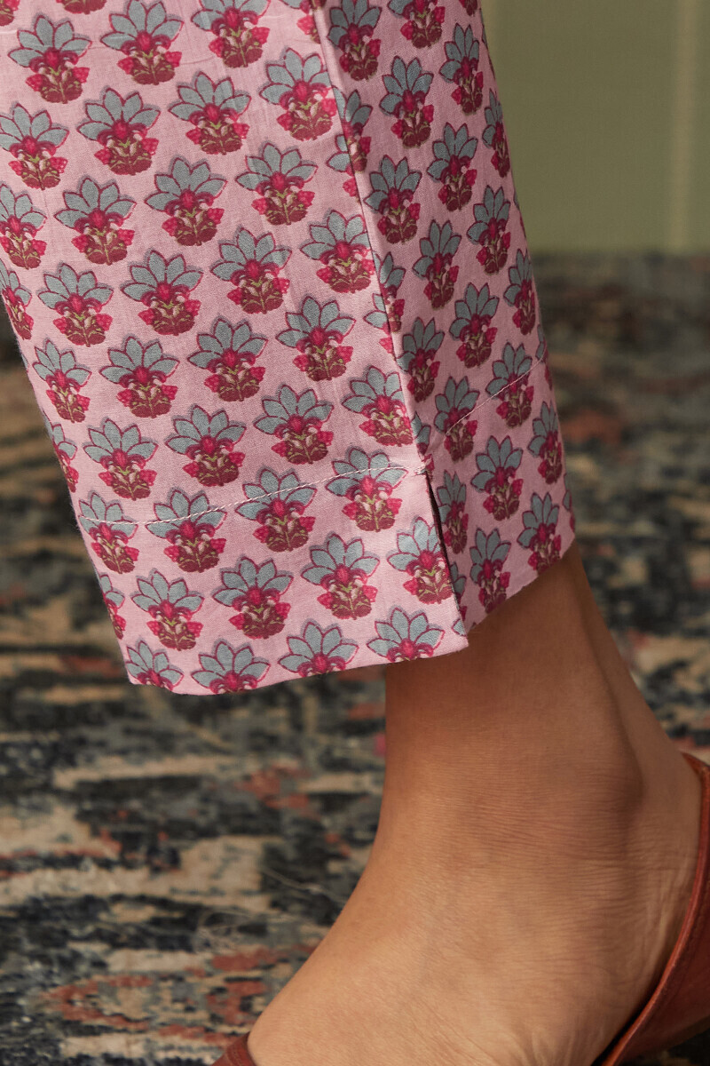 Pink Hand Printed Cotton Narrow Pants