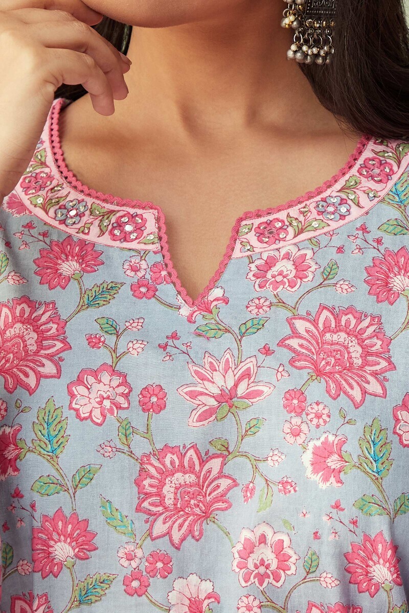 Blue Hand Printed Straight Cotton Kurta