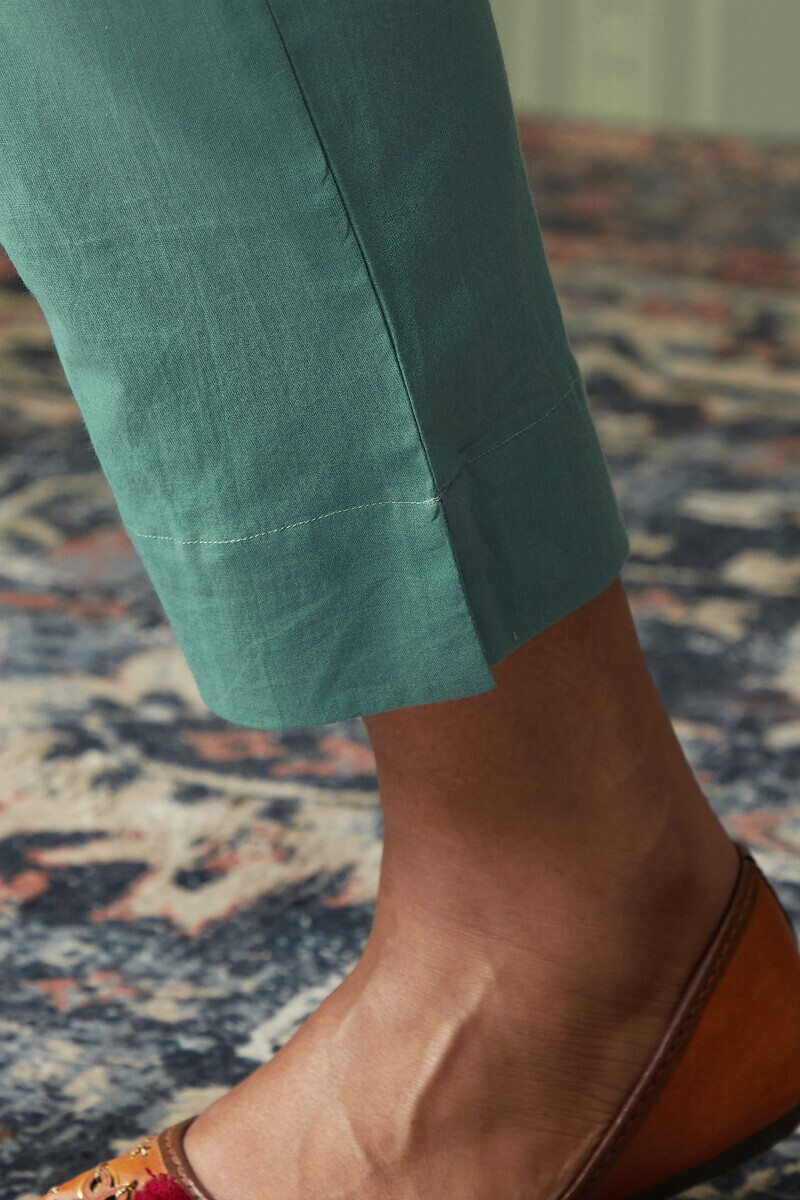 Green Handcrafted Cotton Narrow Pants