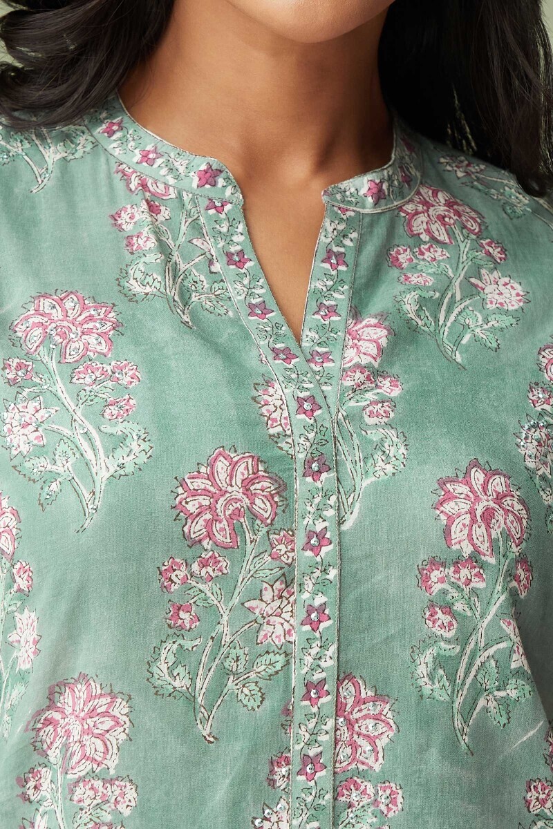 Green Hand Block-Printed Straight Cotton Kurta