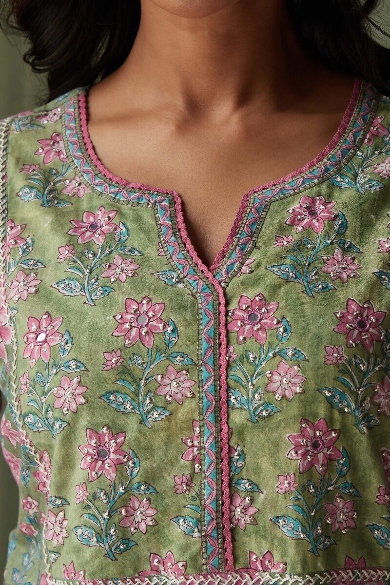 Green Hand Block-Printed Straight Cotton Kurta